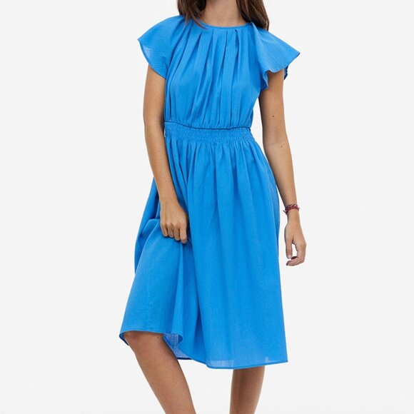 H&M Crinkled Pure Cotton Knee Length Dress Blue (Small)
